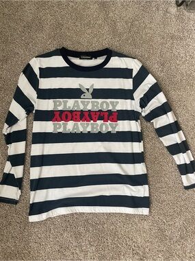Playboy Black & White Striped Long Sleeve Tee